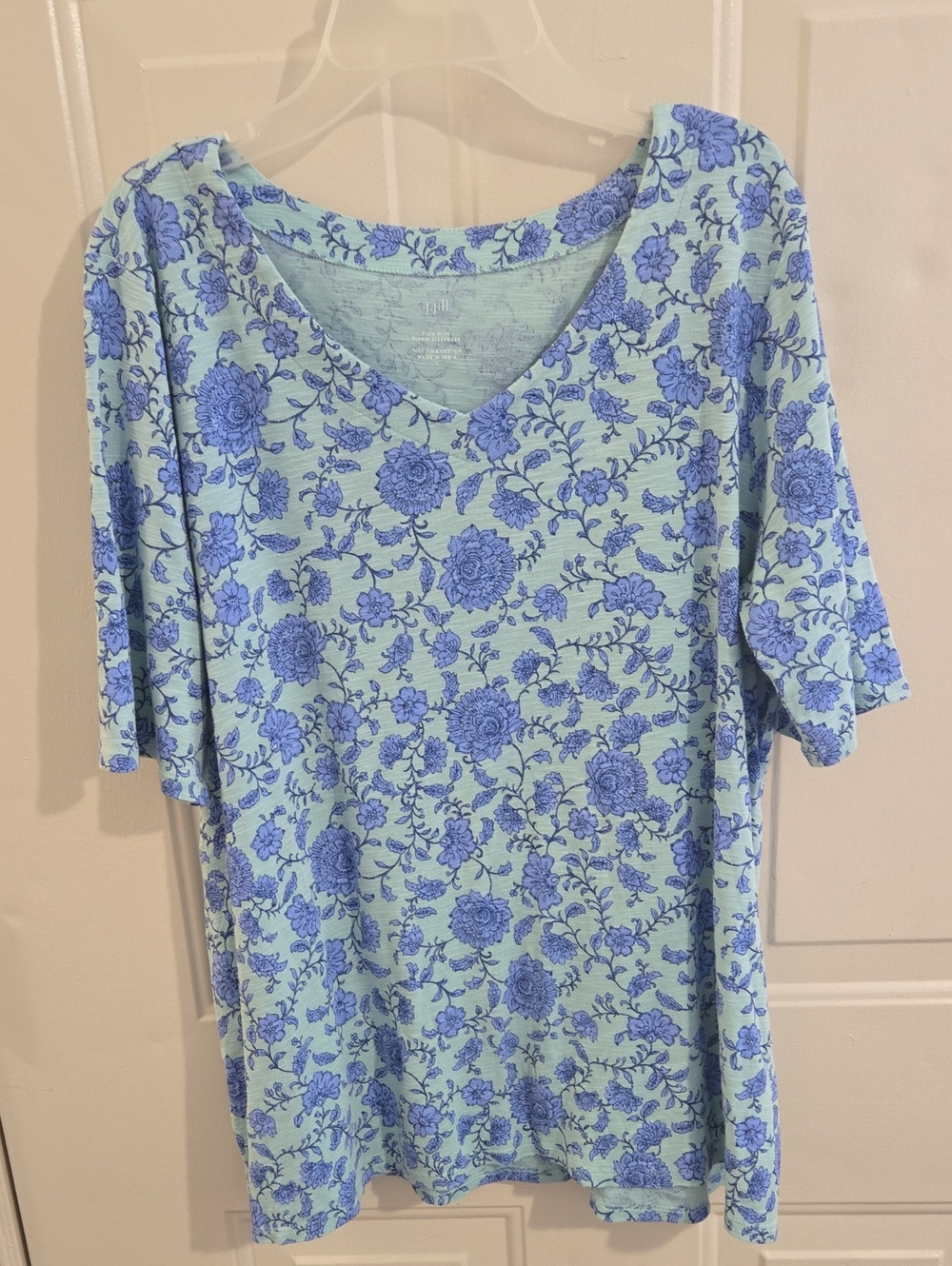 J. Jill 100% Pima Cotton Elbow Sleeve Tee Blue V‑Neck Floral Tunic Shirt L